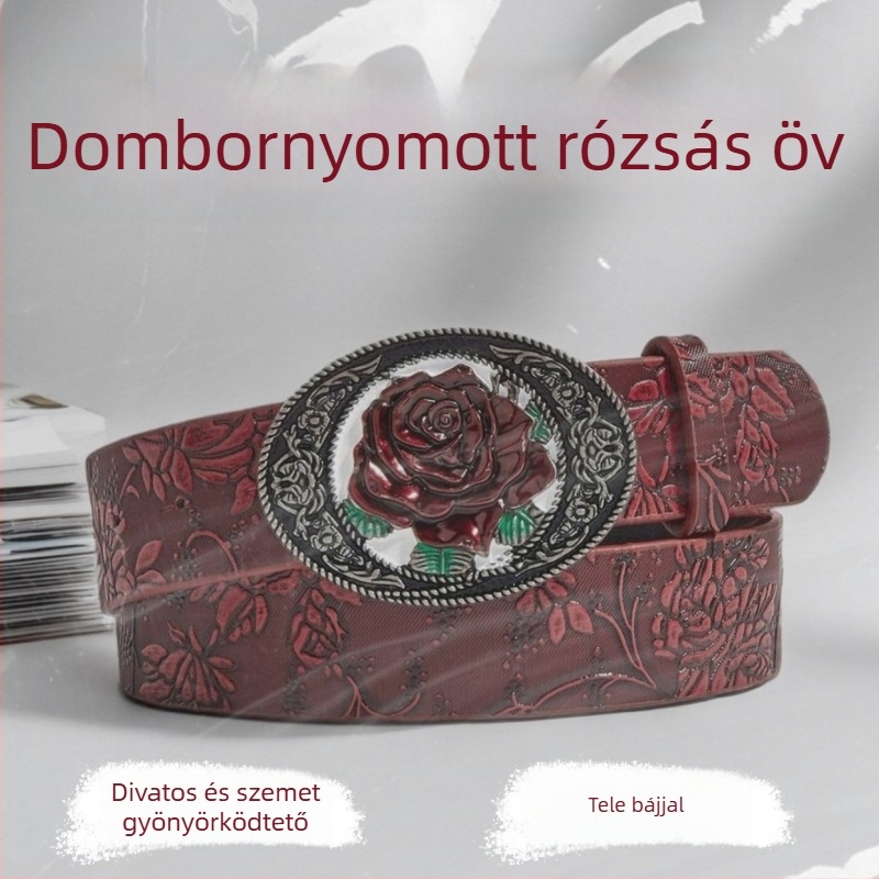 Női PU bőrből készült öv rózsa reliefes mintával, Y2K nyugati stílusú, vintage kiegészítő