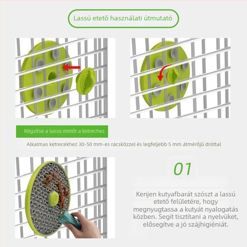 Tapadós etető tál függő kivitelben, nyalogató matraccal és lassú etetéssel macskáknak és kutyáknak