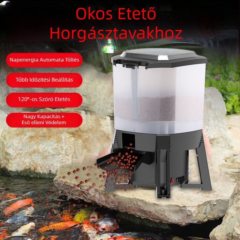 Napelemes automata etető koi tóhoz intelligens időzítővel, beltéri és kültéri használatra, nagy területre szánt etetés.