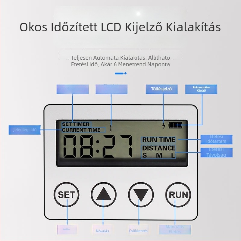 Napelemes automata etető koi tóhoz intelligens időzítővel, beltéri és kültéri használatra, nagy területre szánt etetés.