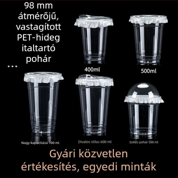 Egyszer használatos, átlátszó műanyag pohár fedővel, hideg italokhoz, 401–500 ml, 98 mm átmérő, ideális tej-tea, gyümölcslé és kávé számára
