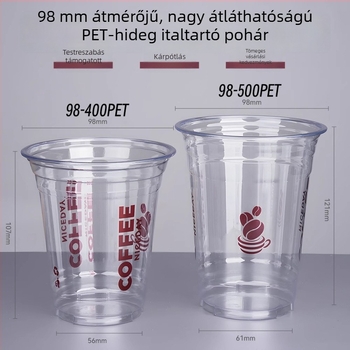Egyszer használatos, átlátszó műanyag pohár fedővel, hideg italokhoz, 401–500 ml, 98 mm átmérő, ideális tej-tea, gyümölcslé és kávé számára