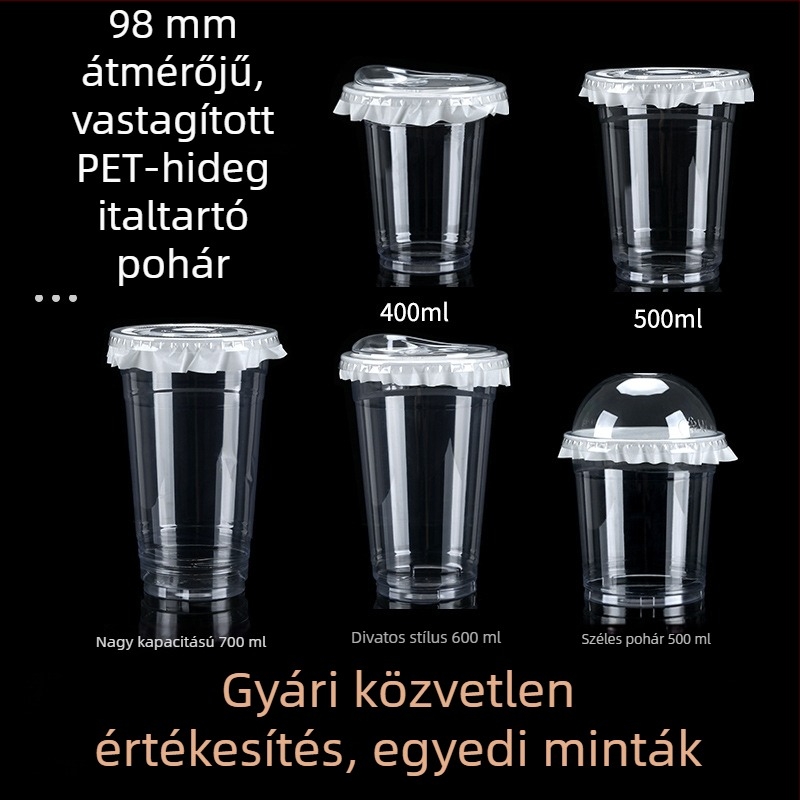 Egyszer használatos, átlátszó műanyag pohár fedővel, hideg italokhoz, 401–500 ml, 98 mm átmérő, ideális tej-tea, gyümölcslé és kávé számára