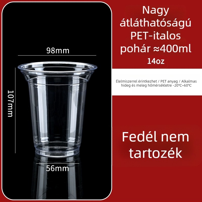 Egyszer használatos, átlátszó műanyag pohár fedővel, hideg italokhoz, 401–500 ml, 98 mm átmérő, ideális tej-tea, gyümölcslé és kávé számára