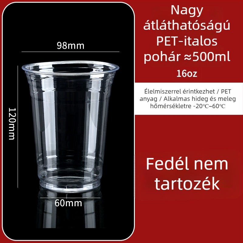 Egyszer használatos, átlátszó műanyag pohár fedővel, hideg italokhoz, 401–500 ml, 98 mm átmérő, ideális tej-tea, gyümölcslé és kávé számára