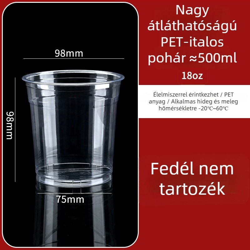 Egyszer használatos, átlátszó műanyag pohár fedővel, hideg italokhoz, 401–500 ml, 98 mm átmérő, ideális tej-tea, gyümölcslé és kávé számára