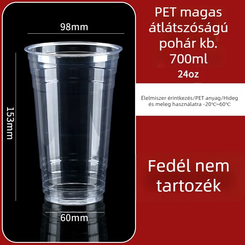 Egyszer használatos, átlátszó műanyag pohár fedővel, hideg italokhoz, 401–500 ml, 98 mm átmérő, ideális tej-tea, gyümölcslé és kávé számára