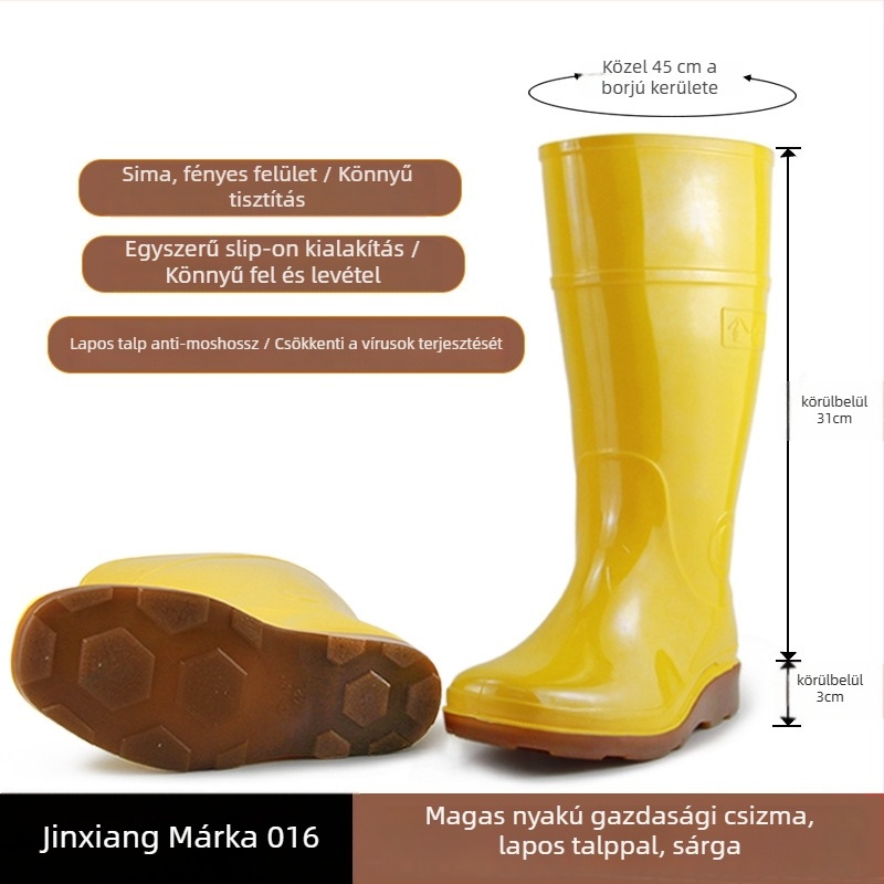 PVC felsőrészű esőcsizma, műanyag talp, magas cső, egybeöntött formázás, lélegző