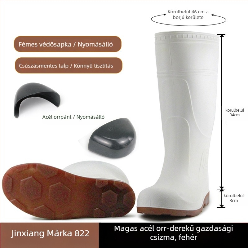 PVC felsőrészű esőcsizma, műanyag talp, magas cső, egybeöntött formázás, lélegző