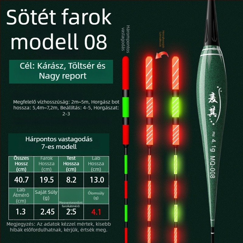 Vertikális sodrású horgászúszó – színváltó, fényes, elektronikus a nappali és éjszakai használathoz; kompozit anyag; márka Powerful merchant.
