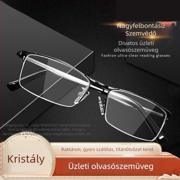 Olvasó szemüveg, négyzetes keret, titanötvözet keret, üveg lencsék, irodalmi retro stílus