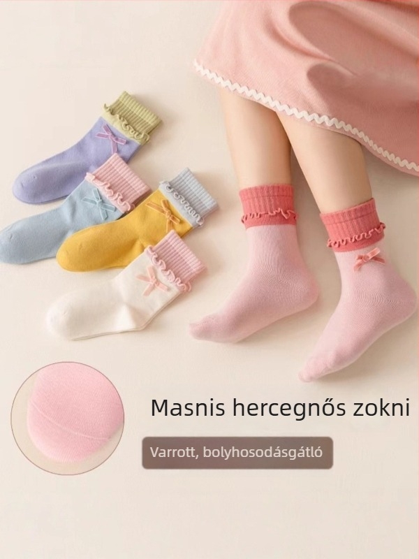 Új őszi-téli lány zokni középmagas szárú, édes masnival, anti-piling, légáteresztő, 70% pamut, 5 pár a csomagolásban