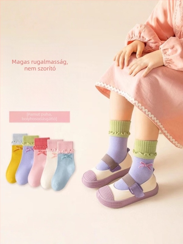 Új őszi-téli lány zokni középmagas szárú, édes masnival, anti-piling, légáteresztő, 70% pamut, 5 pár a csomagolásban