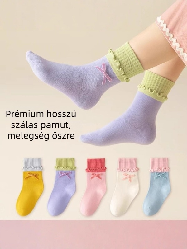 Új őszi-téli lány zokni középmagas szárú, édes masnival, anti-piling, légáteresztő, 70% pamut, 5 pár a csomagolásban