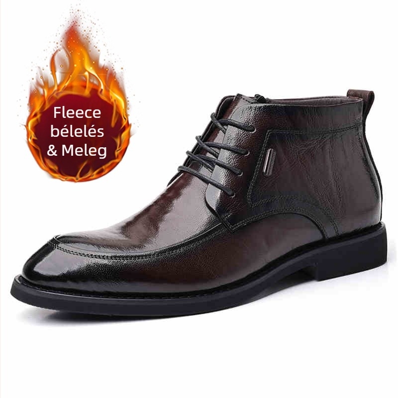 Férfiaknak szóló magas szárú bőrcipő, felső része két réteg marhabőrből, műszőr bélés, ragasztott gumitalp, alacsony dőlésű sarok, 1–3 cm, téli viselet