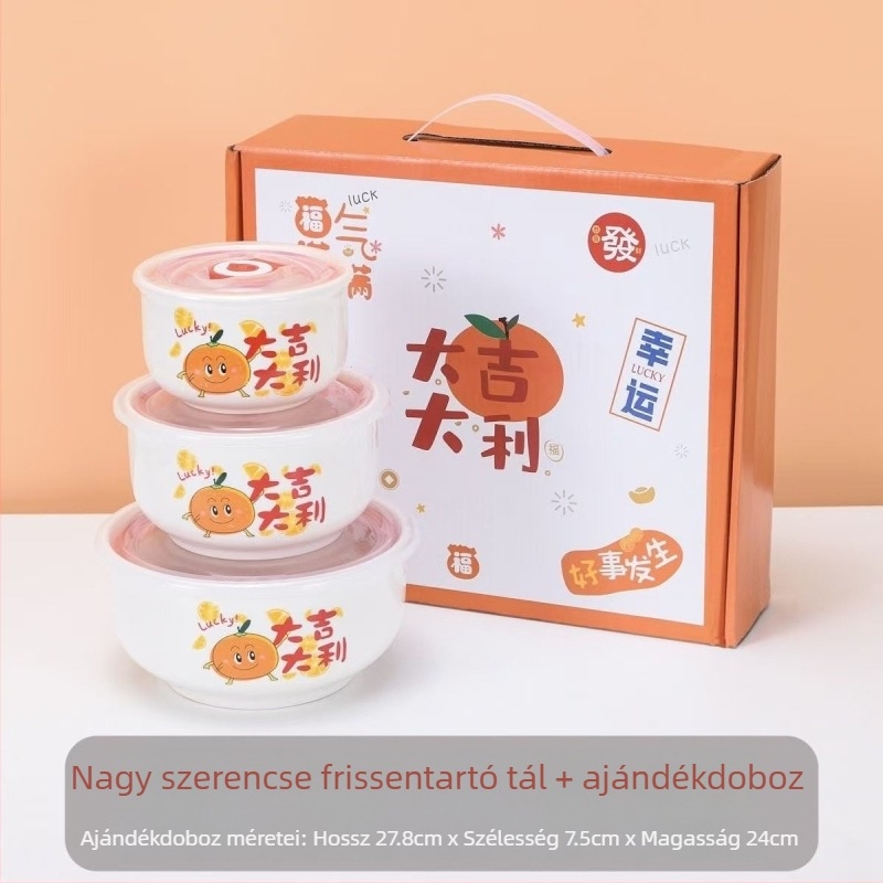 Kerámiából készült háromtálas frissességmegőrző készlet lezárt tálakkal, ajándékdobozban – ideális esküvőkre, születésnapokra és házavatóra.