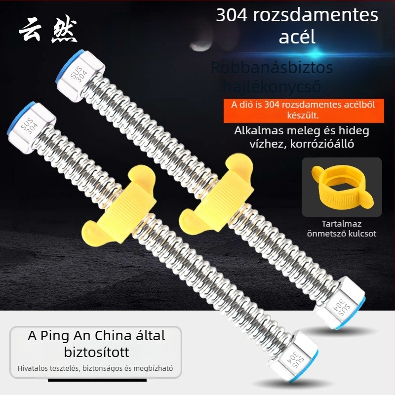 304 rozsdamentes acél gofrált tömlő, 4 pontos menetkapcs a meleg- és hideg víz ellátásához bojlerhez és WC-hez