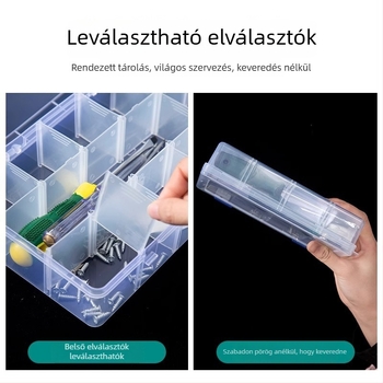 Többrekeszes átlátszó műanyag tároló doboz elektronikai alkatrészekhez és kis csavarokhoz, osztókkal