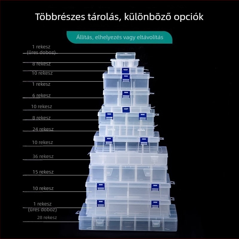 Többrekeszes átlátszó műanyag tároló doboz elektronikai alkatrészekhez és kis csavarokhoz, osztókkal