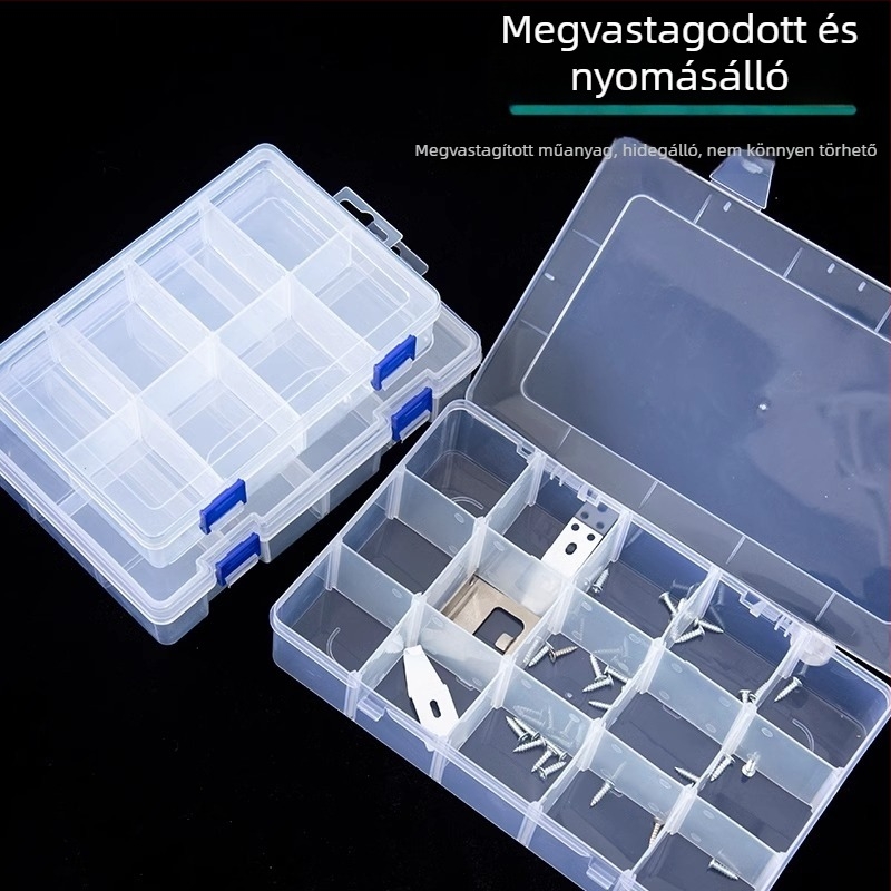 Többrekeszes átlátszó műanyag tároló doboz elektronikai alkatrészekhez és kis csavarokhoz, osztókkal