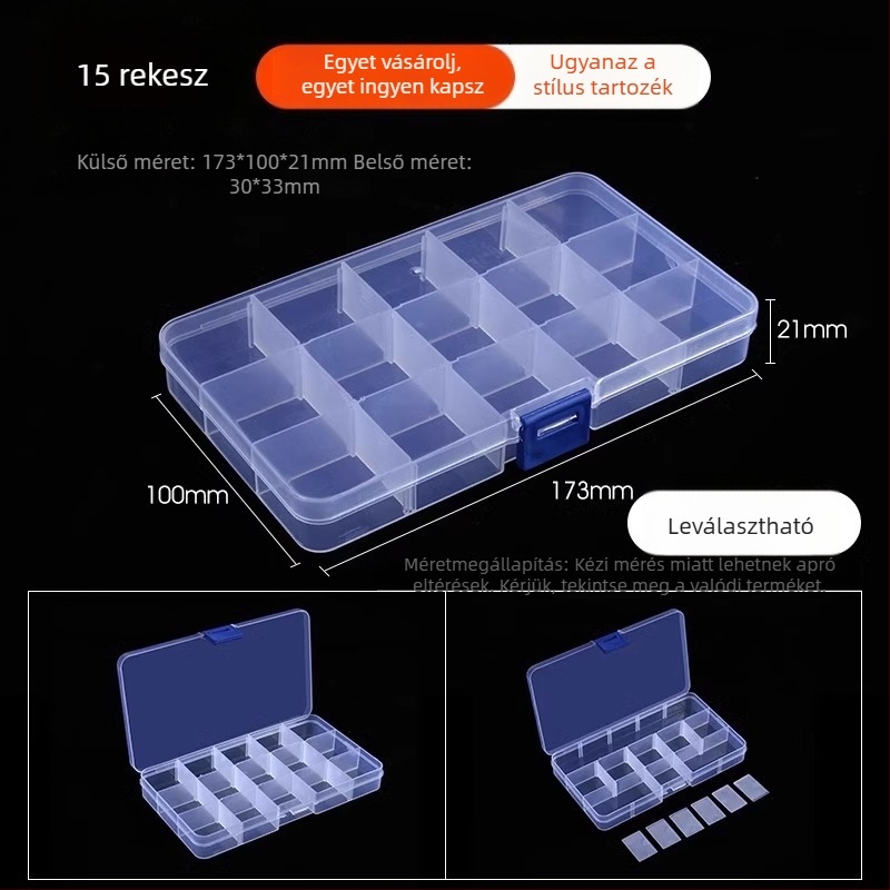 Többrekeszes átlátszó műanyag tároló doboz elektronikai alkatrészekhez és kis csavarokhoz, osztókkal
