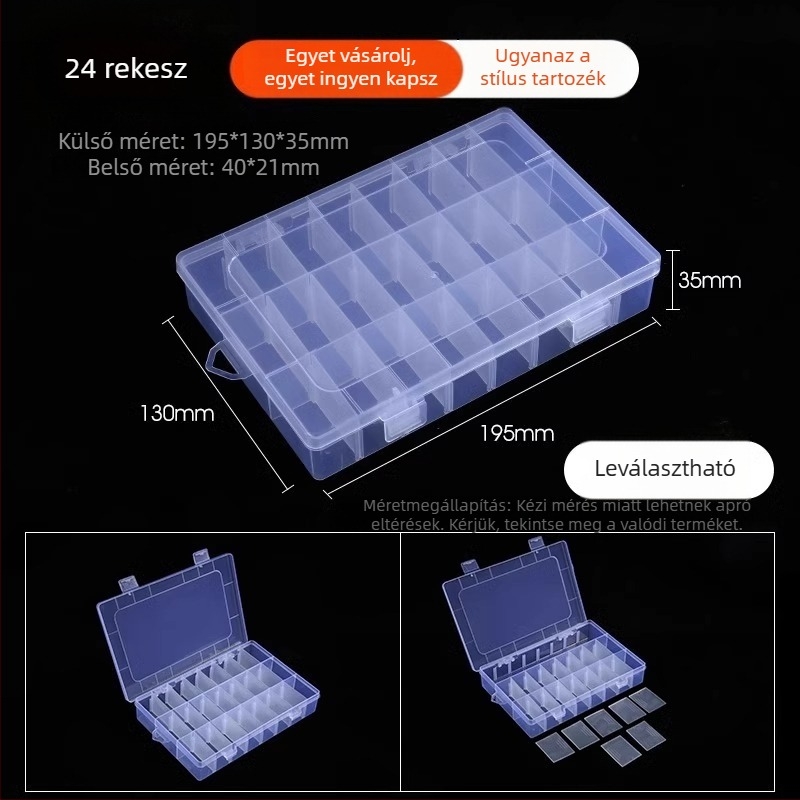 Többrekeszes átlátszó műanyag tároló doboz elektronikai alkatrészekhez és kis csavarokhoz, osztókkal