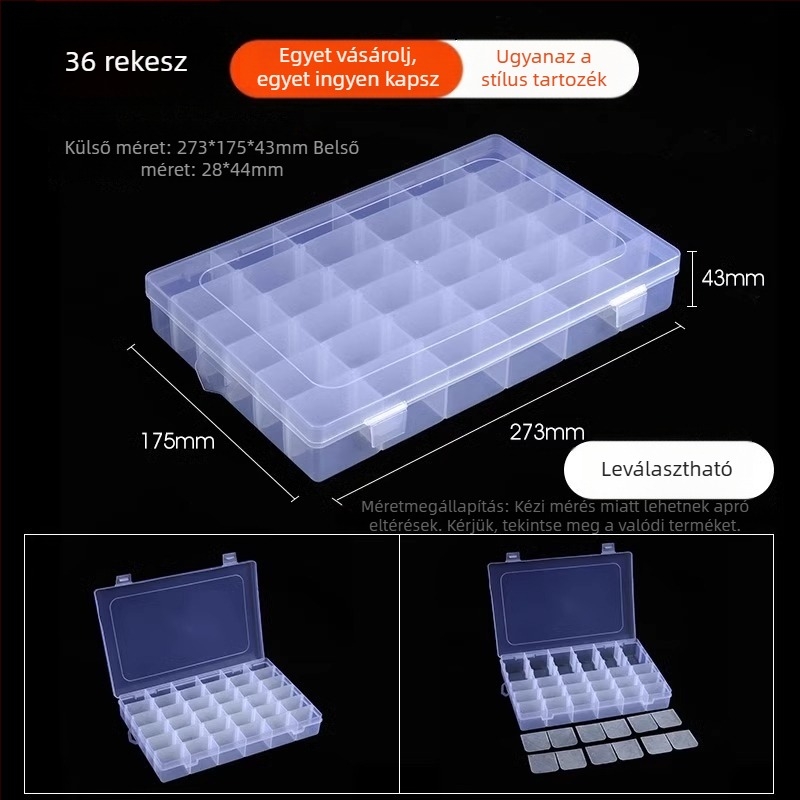 Többrekeszes átlátszó műanyag tároló doboz elektronikai alkatrészekhez és kis csavarokhoz, osztókkal