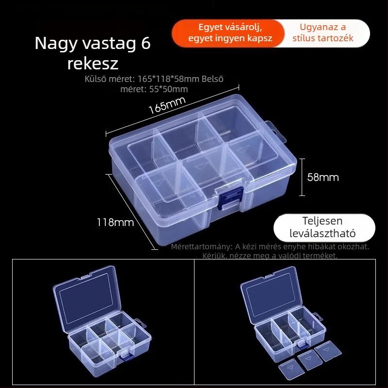 Többrekeszes átlátszó műanyag tároló doboz elektronikai alkatrészekhez és kis csavarokhoz, osztókkal
