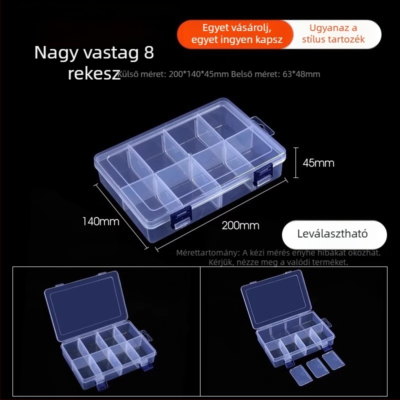 Többrekeszes átlátszó műanyag tároló doboz elektronikai alkatrészekhez és kis csavarokhoz, osztókkal