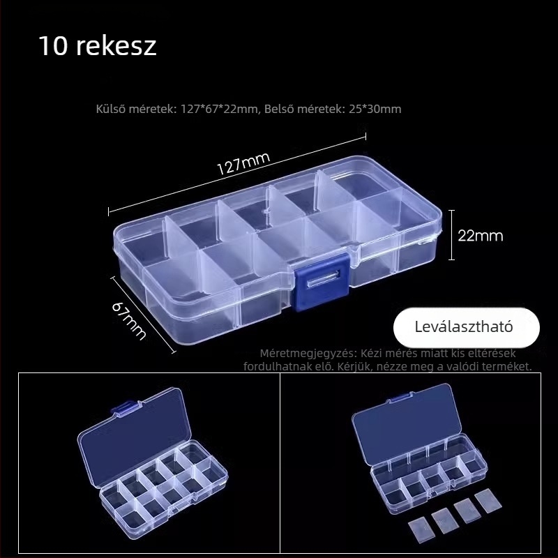 Többrekeszes átlátszó műanyag tároló doboz elektronikai alkatrészekhez és kis csavarokhoz, osztókkal