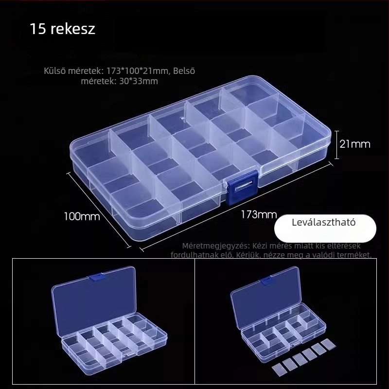 Többrekeszes átlátszó műanyag tároló doboz elektronikai alkatrészekhez és kis csavarokhoz, osztókkal