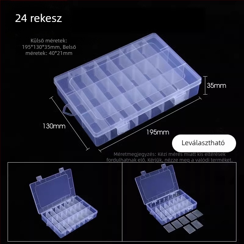 Többrekeszes átlátszó műanyag tároló doboz elektronikai alkatrészekhez és kis csavarokhoz, osztókkal