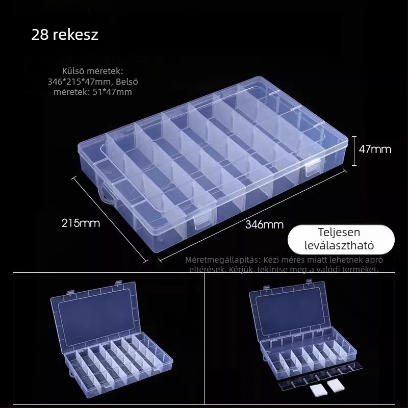 Többrekeszes átlátszó műanyag tároló doboz elektronikai alkatrészekhez és kis csavarokhoz, osztókkal