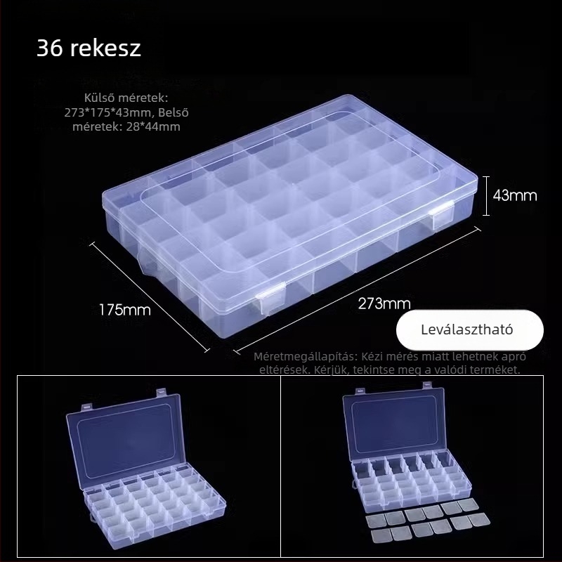 Többrekeszes átlátszó műanyag tároló doboz elektronikai alkatrészekhez és kis csavarokhoz, osztókkal