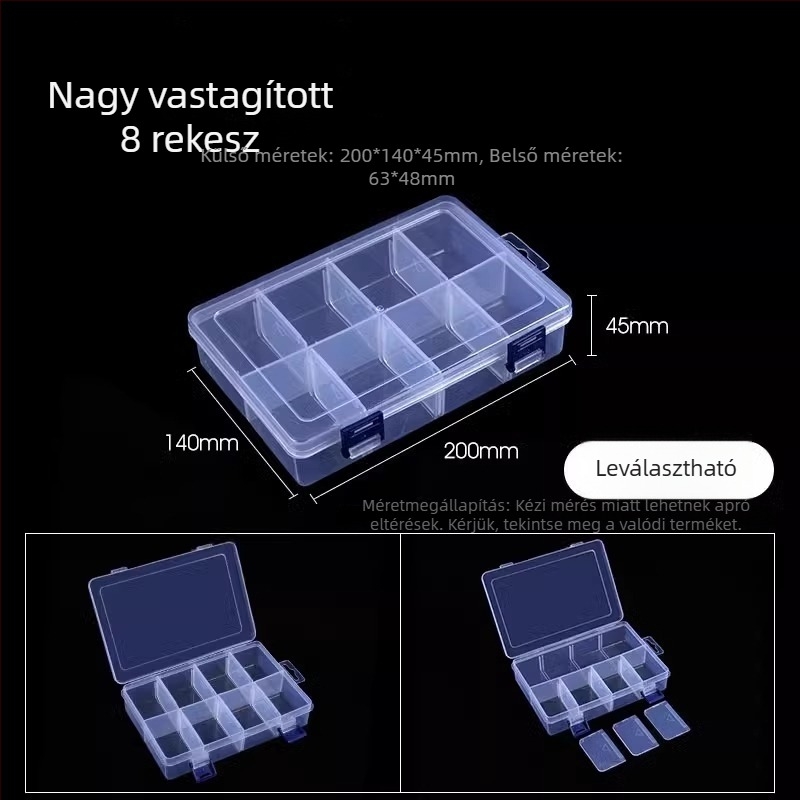 Többrekeszes átlátszó műanyag tároló doboz elektronikai alkatrészekhez és kis csavarokhoz, osztókkal