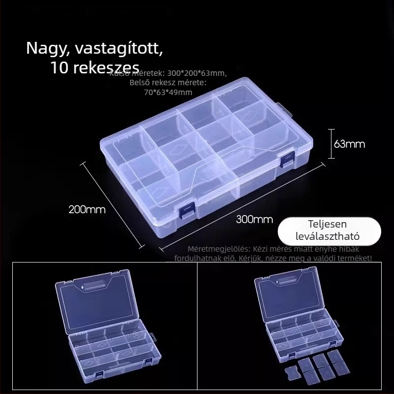 Többrekeszes átlátszó műanyag tároló doboz elektronikai alkatrészekhez és kis csavarokhoz, osztókkal