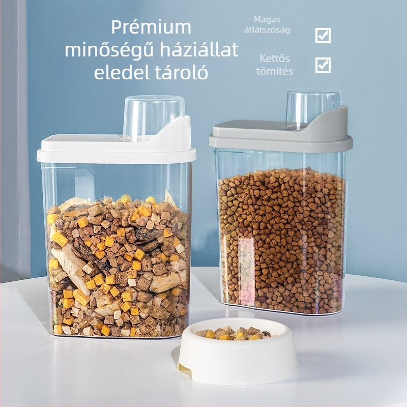 Átlátszó, dupla rétegű, zárható nedvességálló tárolóedény macskáknak és kutyáknak, műanyag, 2.5L