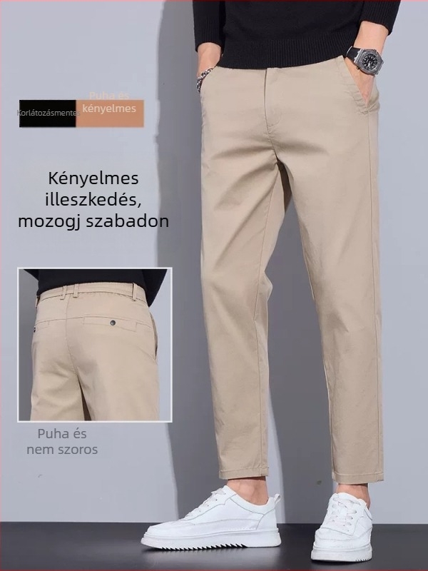 Pamut egyenes nadrág középső derék, gombos frontra, vékony, Nine-Point hossz