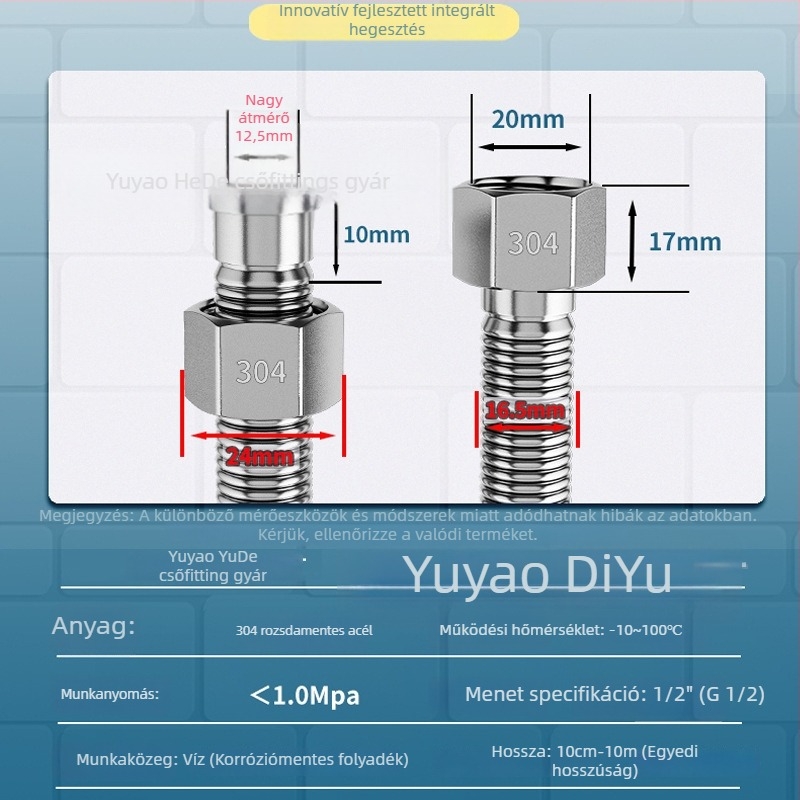 304 rozsdamentes acél görbült belső tömlő WC-hez, menetes csatlakozás, 1.0 MPa, 100°C