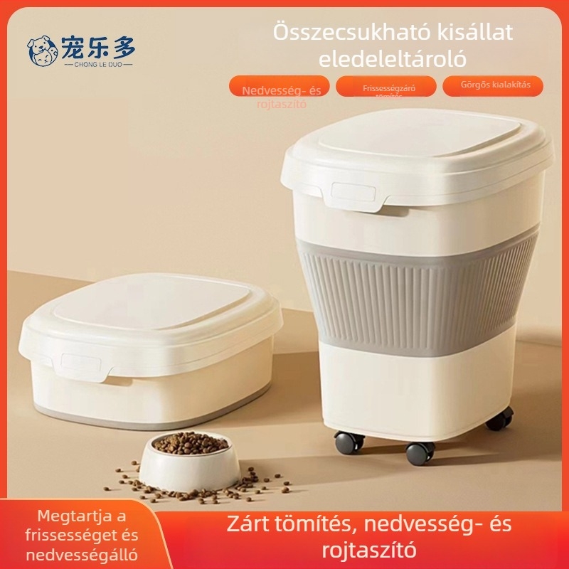 26 literes összecsukható eteltároló tartály háziállatok számára, zárható, nedvességálló, macska- és kutyatáp számára