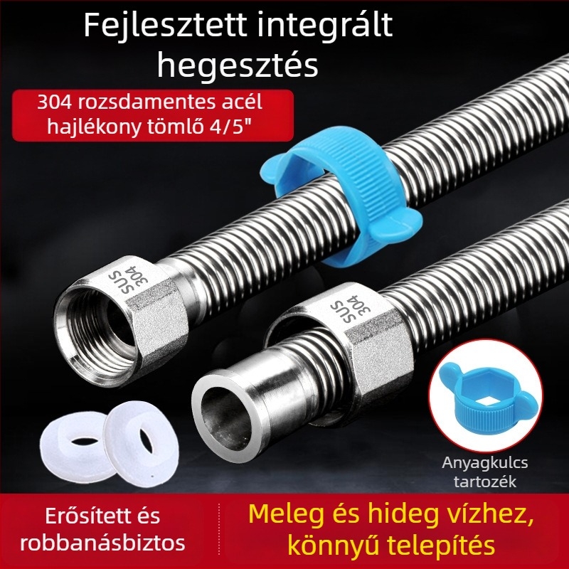 304 rozsdamentes acélból készült bordázott hajlékony cső WC-melegvíz-bemeneti cső, menetes csatlakozás, nagy nyomás, -20 °C-tól 180 °C-ig, modell YR181013
