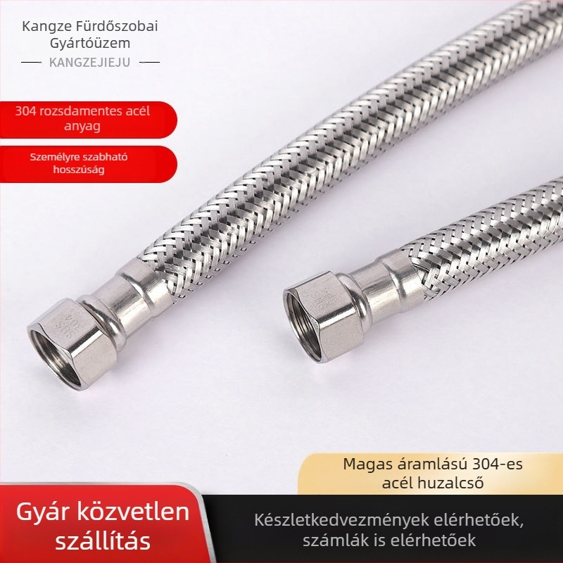 304 rozsdamentes acél vízbevezető cső, fonott, kettős végű, robbanásbiztos bojlerhez, 90°C, névleges nyomás 10