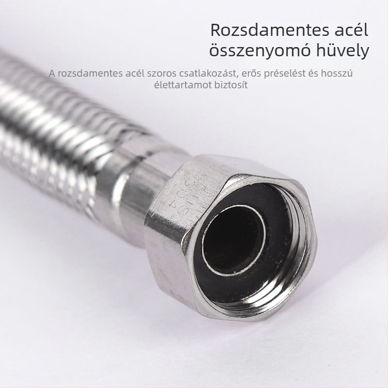 304 rozsdamentes acél vízbevezető cső, fonott, kettős végű, robbanásbiztos bojlerhez, 90°C, névleges nyomás 10