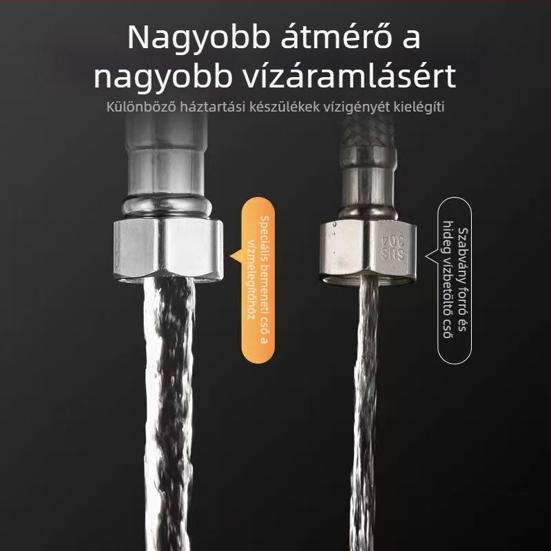 304 rozsdamentes acél vízbevezető cső, fonott, kettős végű, robbanásbiztos bojlerhez, 90°C, névleges nyomás 10
