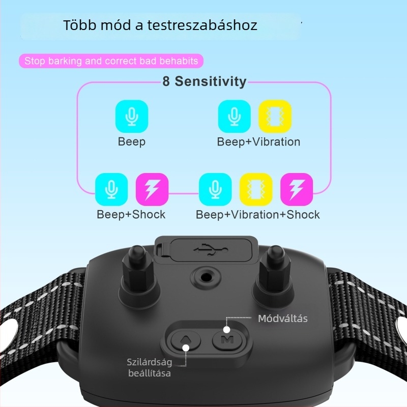 Kutyanevelő nyakörv hangalapú ugatás-megelőzésre — elektronikus sokk, műanyag kivitel