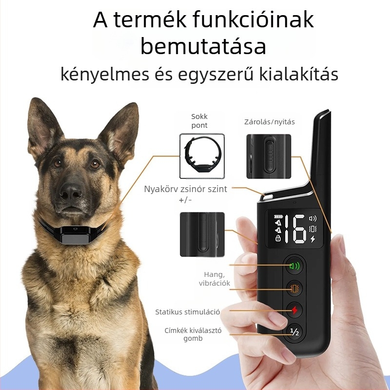Szabadalmaztatott multifunkcionális kutyatréner készülék távirányítóval, ugatás- és harapás elleni funkciókkal, dupla vezérléssel