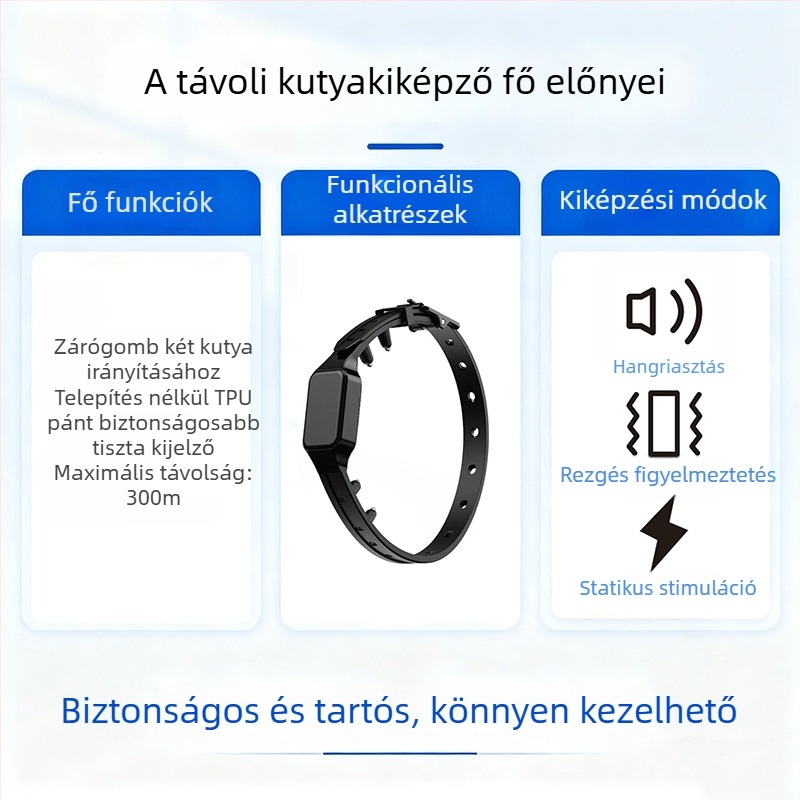 Szabadalmaztatott multifunkcionális kutyatréner készülék távirányítóval, ugatás- és harapás elleni funkciókkal, dupla vezérléssel
