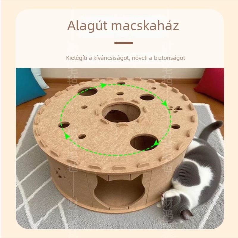 S-alakú alagúttal ellátott filct macska odú, kétszintes, félig zárt, légáteresztő, levehető