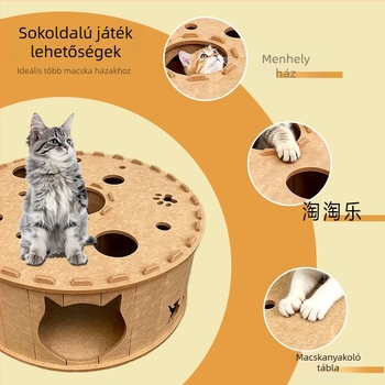 Filcből készült macska odú alagúttal – dupla réteg, fánk alakú, légáteresztő, levehető