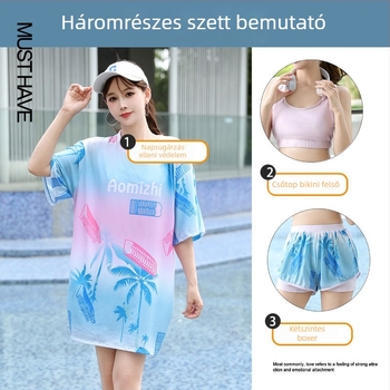 Női 3-részes konzervat úszóruha szett a tengerparti nyaraláshoz, gradient mintával, mellpárnákkal, poliészter-elasztán (5%), középmagas ujjak